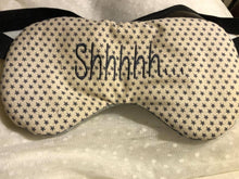 Load image into Gallery viewer, My Eye Masks are ideal for helping you relax - whether that's whilst sleeping, napping or during meditation/yoga.  They have a patterned (personalised) front with a gorgeously soft velvet back. There are three layers of padding inside so are so gentle against your eyes. I use wide elastic so they don't slip and also don't dig in.  I usually add lavender between the stuffing - lavender is a natural relaxant and also smells pretty amazing! But I know not everyone likes it - so this is optional.  These can be