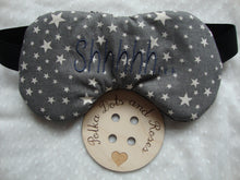 Load image into Gallery viewer, My Eye Masks are ideal for helping you relax - whether that's whilst sleeping, napping or during meditation/yoga.  They have a patterned (personalised) front with a gorgeously soft velvet back. There are three layers of padding inside so are so gentle against your eyes. I use wide elastic so they don't slip and also don't dig in.  I usually add lavender between the stuffing - lavender is a natural relaxant and also smells pretty amazing! But I know not everyone likes it - so this is optional.  These can be