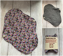 Load image into Gallery viewer, My sanitary towels are made from a top layer of organic cotton jersey that draws the liquid away, the inner core is organic bamboo fleece velour fabric which is highly absorbent, then a layer of PUL which is a breathable waterproof fabric and then of course pretty cotton fabric on the bottom. These high quality, eco friendly fabrics are anti-bacterial, anti-odour and therefore kind to your skin as well as the environment. They are secured with a plastic snap. Washing Instructions - it is best to wash thes
