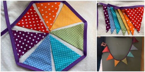 A sewing kit including everything you need to make your own Rainbow Bunting with step by step photo instructions.  This makes a length of bunting approx. 1.4m long with 7 flags.