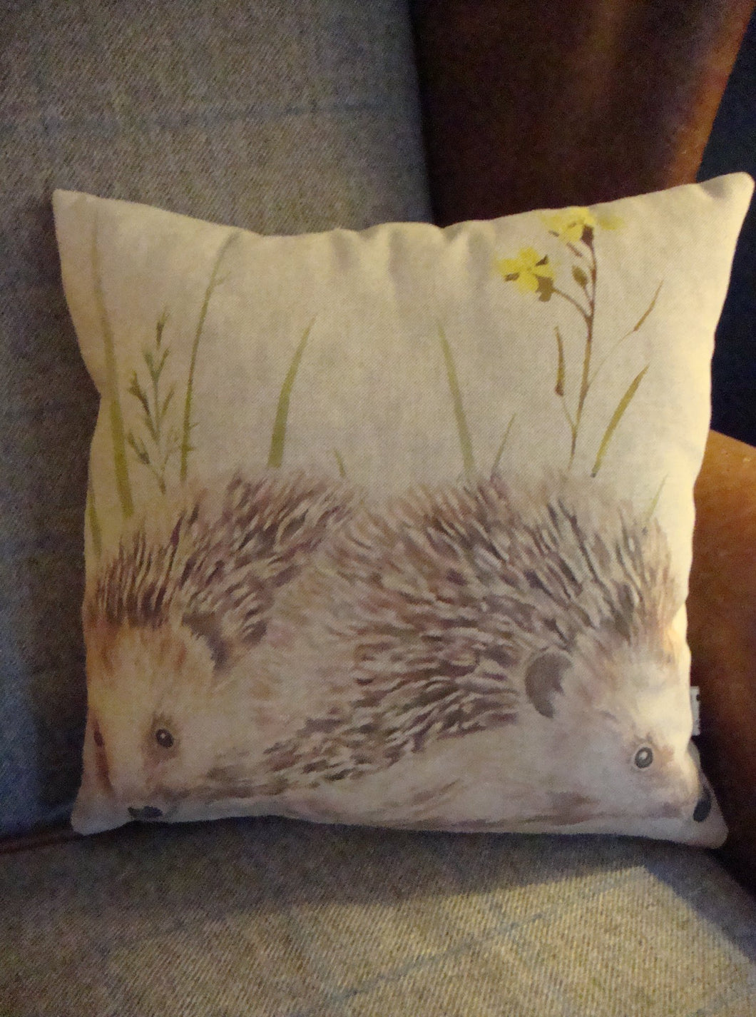 A gorgeous linen/cotton mix cushion with a large Hedgehog print on the front, with mini print fabric on the reverse. This measures approx 40x40cm and can be washed (on a hand wash or wool wash) as the covers are zipped and the inner can be removed.