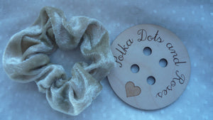 Gorgeous soft velvet hair scrunchies with strong elastic to look pretty on your wrist or to tie your hair back.
